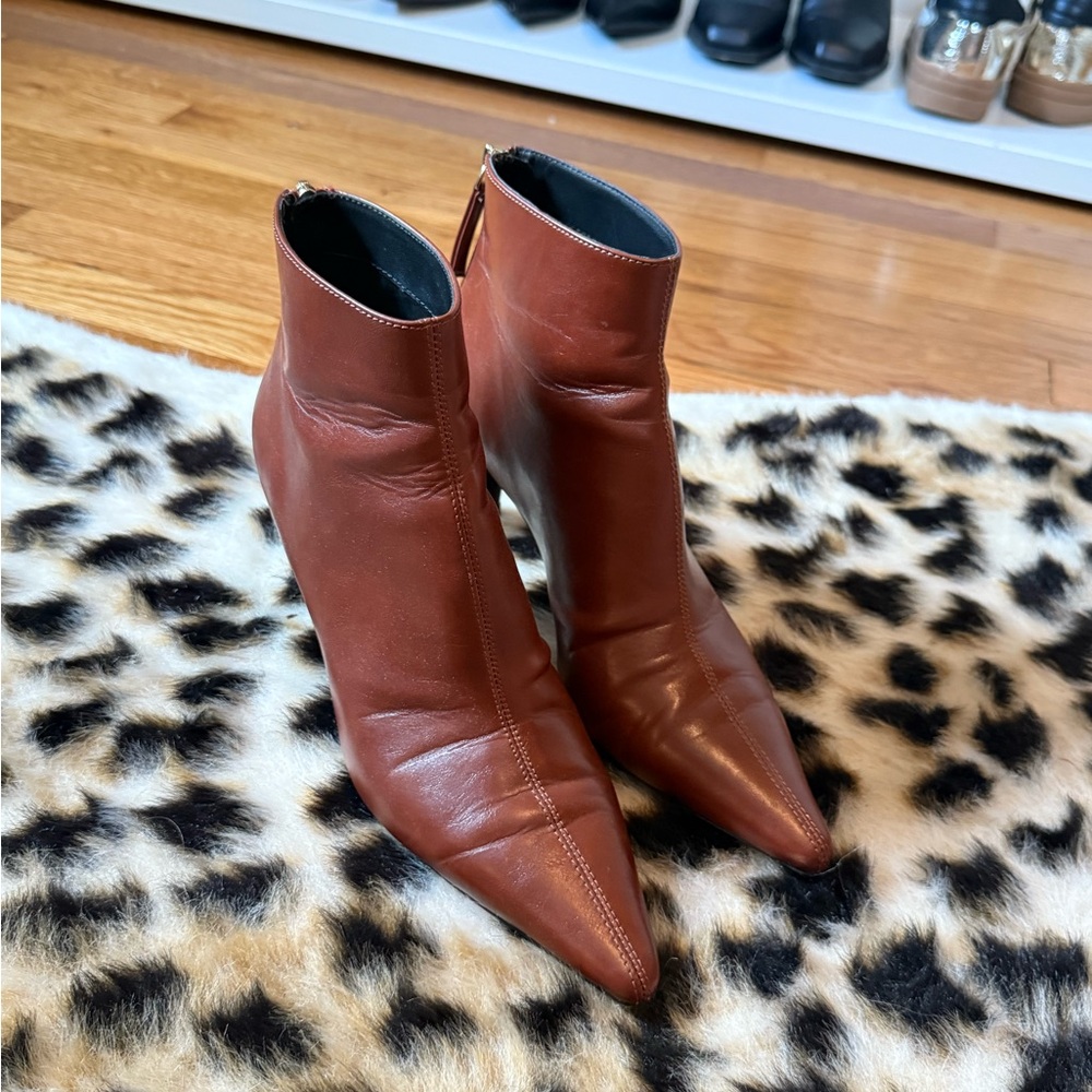 MANGO Brown Leather Point Toe Ankle Boots